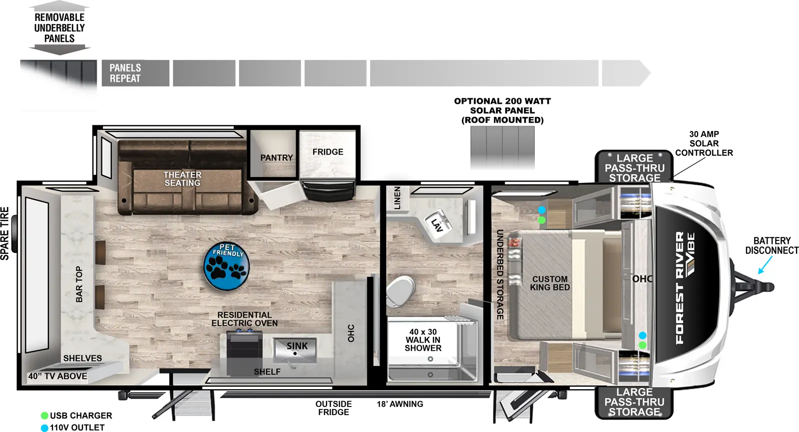 The Vibe 2400RB floorplan has two entries and one slide out. Exterior features include: fiberglass exterior and 18' awning. Interiors features include: front bedroom and pass through bathroom.